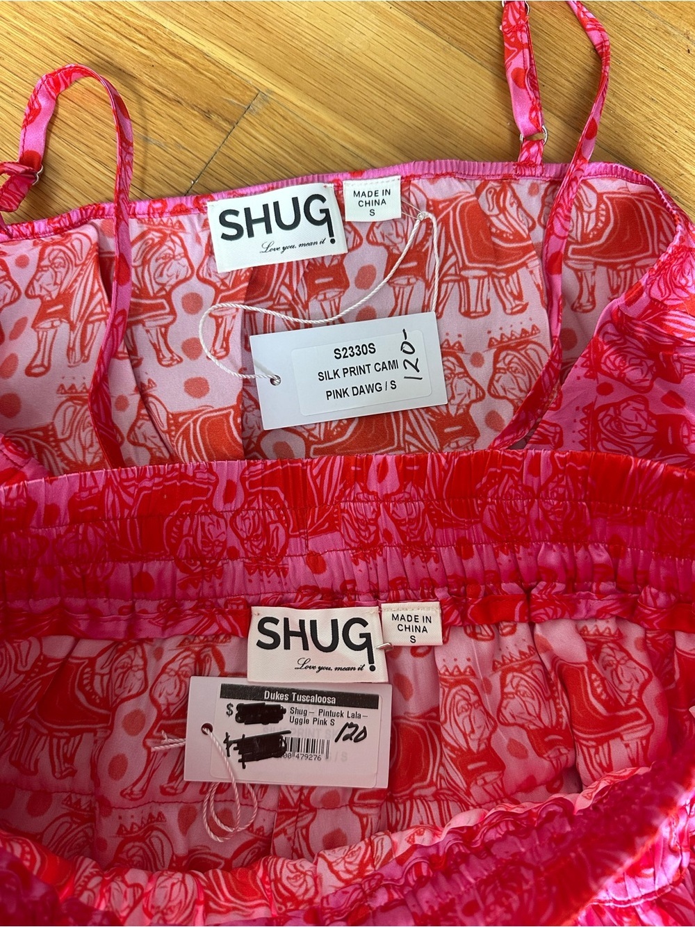 SHUG Womens 100% Silk Smocked Ruffle Skort Set Pink Red Bulldog Festival NEW - Picture 9 of 11
